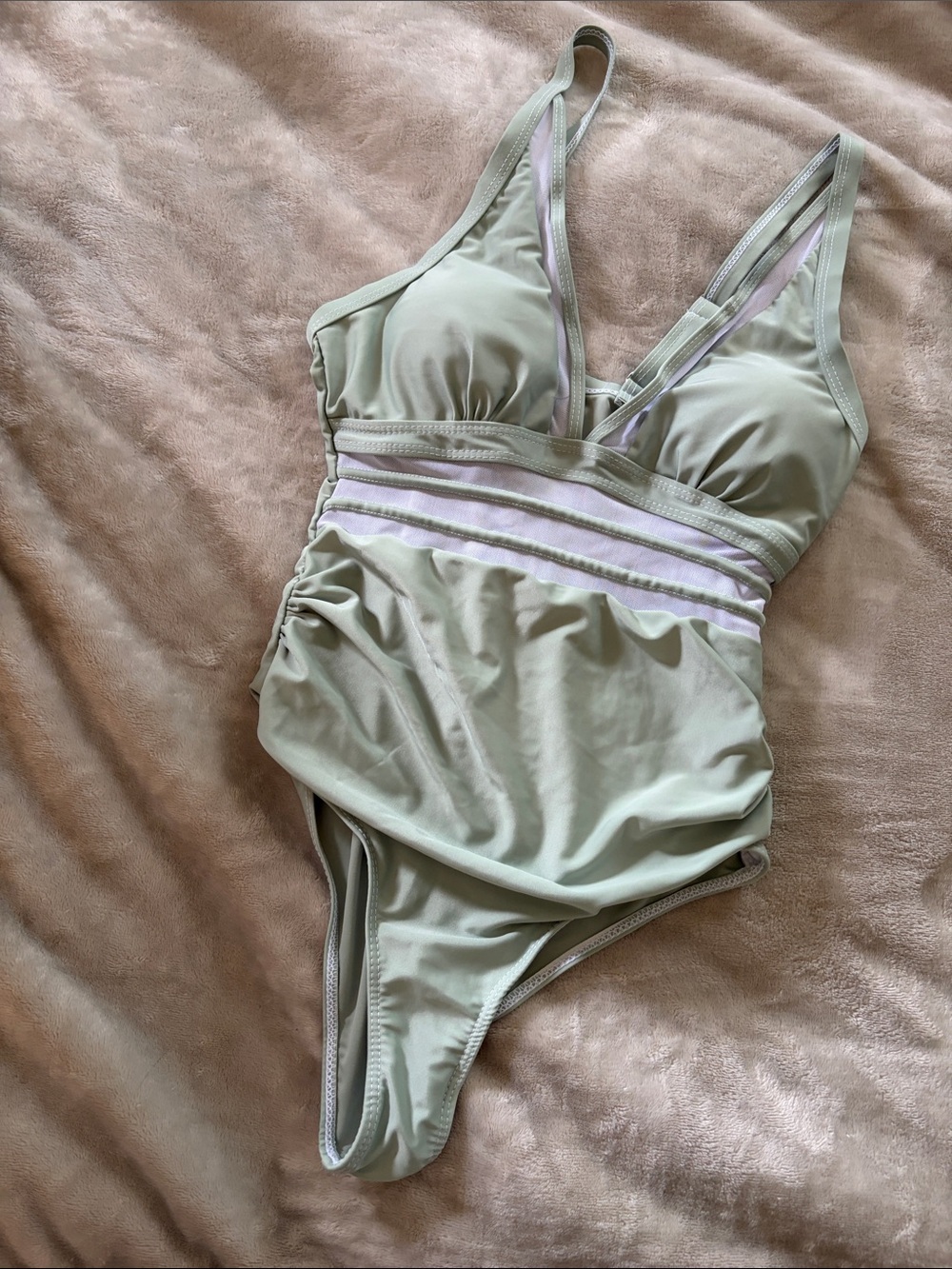 Women’s Light Sage One-Piece Swimsuit with Pink Trim